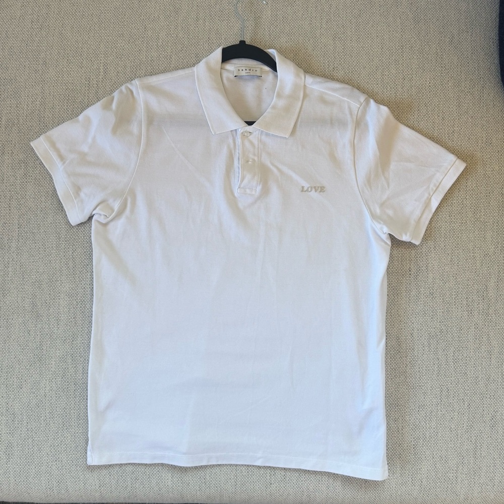 Sandro White Polo Shirt Classic Design “Love” embroidered